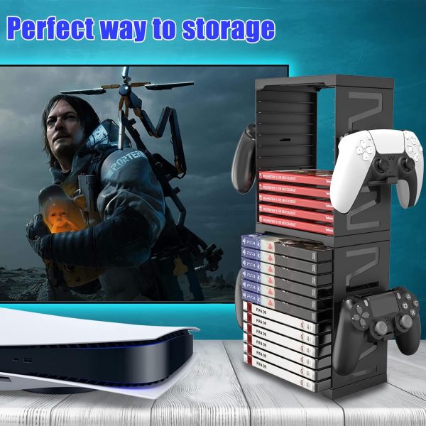 SIKEMAY Game Storage Tower for PS5/ PS4/ Xbox Series S & X/Xbox, Universal Video Games Discs Organizers 24 PCS with 4 Controllers Holder, Game Disk Box Stand Rack Accessories - Black - Image 6