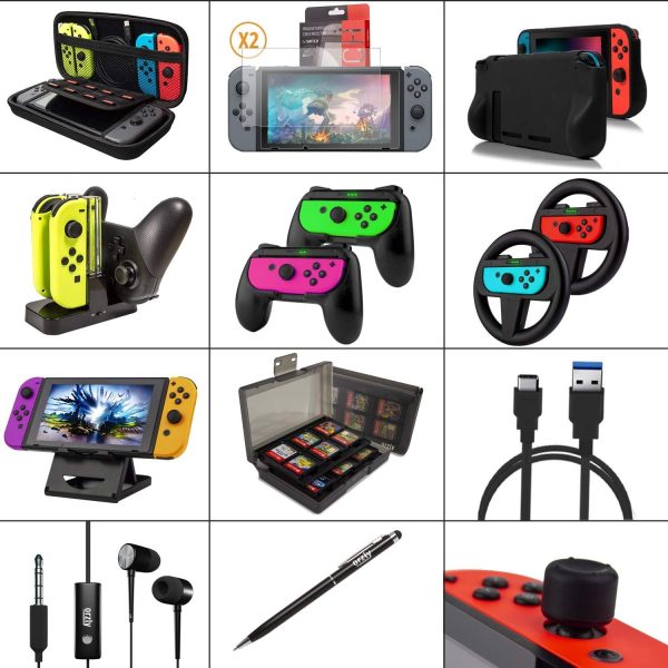 Orzly Accessory Bundle Kit designed for Nintendo switch Accessories Geeks and Oled console users Case and Screen protector, Joycon grips and Wheels for enhanced games play and more - Jet black - Image 2