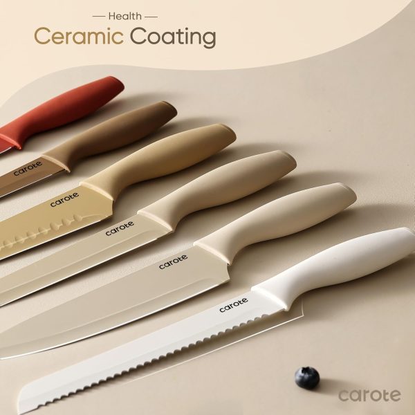 CAROTE 12 Pieces Kitchen Knife Set, Stainless Steel Knife Set With Nonstick Ceramic Coating, Dishwasher Safe with 6 Blade Guards, Rustproof, Brown - Image 3