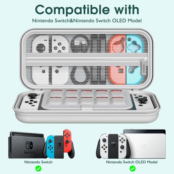 HSTOP Switch Carrying Case Compatible with Nintendo Switch/Switch OLED, Portable Travel Carry Case for Switch Console & Accessories with 10 Games Cartridges, White - Image 8