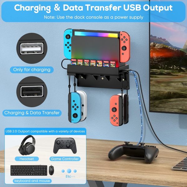 RGB Switch Wall Mount Kit for Nintendo Switch and OLED, Switch Dock Console Holder Stand, Switch Accessories with 7 Light Modes, 7 Card Slots, 4 Joypad Hangers, 2 USB Ports, Behind TV, Graphite Black - Image 5