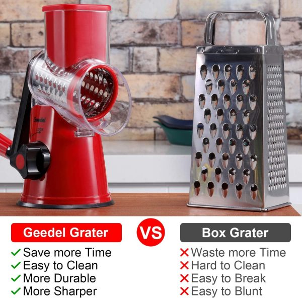 Geedel Rotary Cheese Grater, Kitchen Mandoline Vegetable Slicer with 3 Interchangeable Blades, Easy to Clean Grater for Fruit, Vegetables, Nuts - Image 2