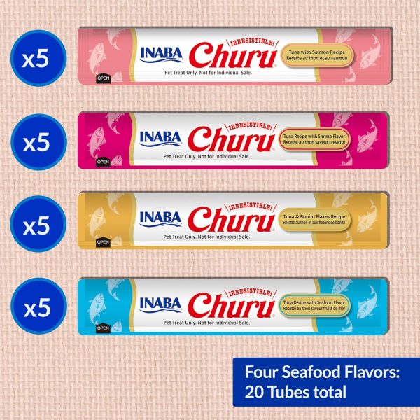 INABA Churu Cat Treats, Grain-Free, Lickable, Squeezable Creamy Purée Cat Treat/Topper with Vitamin E & Taurine, 0.5 Ounces Each Tube, 20 Tubes, Seafood Variety Box - Image 3