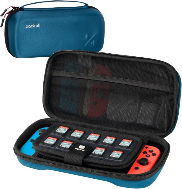 pack all Switch Case Compatible with Nintendo Switch and New OLED Model, Large Capacity Carrying Case for Travel, Portable Hard Game Case Travel Bag for Console & Accessories,19 Game Card Slots (Blue)