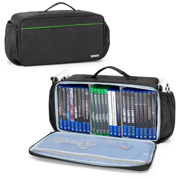 CURMIO Game Disc Storage Bag Holds Up to 24 Discs, Game Disk Travel Case Compatible for PS5/PS4/PS4 Pro/PS3/Xbox One/Xbox 360/Xbox Series X/S, Green Stripe(Bag Only)