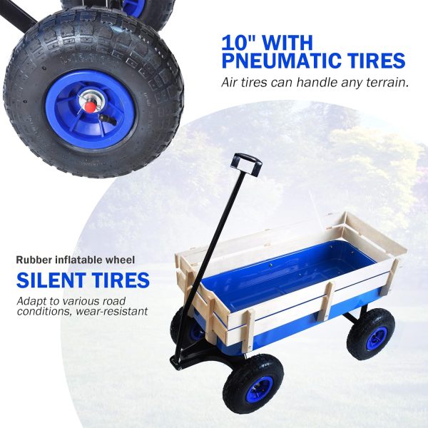 Heavy Duty Steel Wooden Side Support Cargo Wagon with 10” All-Terrain Air Tires, Up to 176lb Haul Capacity, Effortless Foldable Handle Cart for Towing Kids Toys, Gardening Supplies (Blue) - Image 3