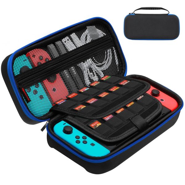 Carry Case Compatible with Nintendo Switch Switch OLED Console Protective Portable Travel Carrying Case Pouch with Pockets 20 Game Cartridges for Console and Accessories (Black/Blue)