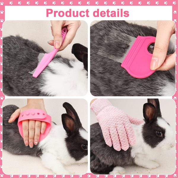 VCZONE Pink Small Animal Grooming Kit with Nail Clipper, Flea Comb, Shampoo Brush, Slicker Brush, Massage Glove for Rabbits - Image 4