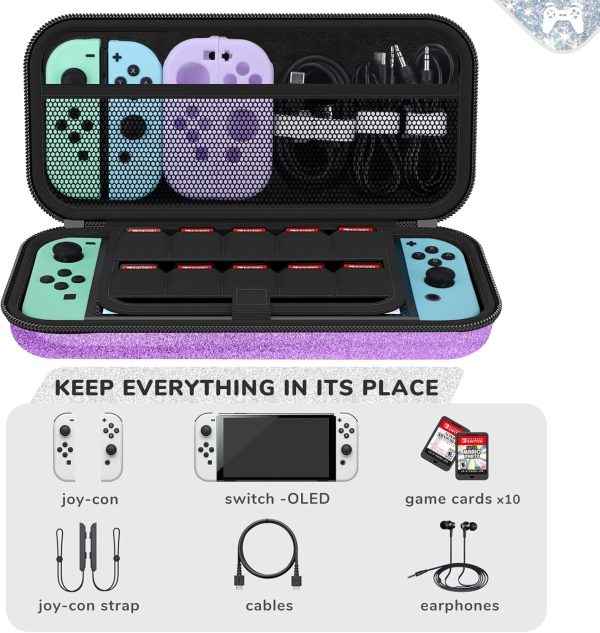 Glitter Carrying Case for Nintendo Switch and Switch OLED Console,Purple Hard Travel Case Shell Pouch for Nintendo Switch Console & Accessories,Protective Carry Case Compatible with Nintendo for Girls - Image 7