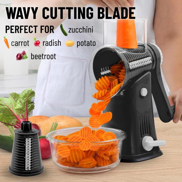 Zulay Rotary Cheese Grater 5 Blade Cheese Shredder - Manual Hand Crank Cheese Grater With Reinforced Suction & 5 Interchangeable Drums - Easy to Use, Vegetable Chopper Round Mandoline Slicer - Black - Image 4