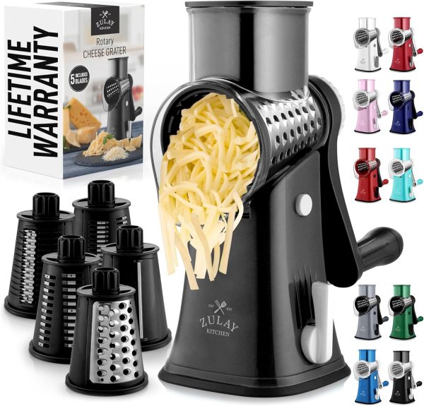 Zulay Rotary Cheese Grater 5 Blade Cheese Shredder - Manual Hand Crank Cheese Grater With Reinforced Suction & 5 Interchangeable Drums - Easy to Use, Vegetable Chopper Round Mandoline Slicer - Black