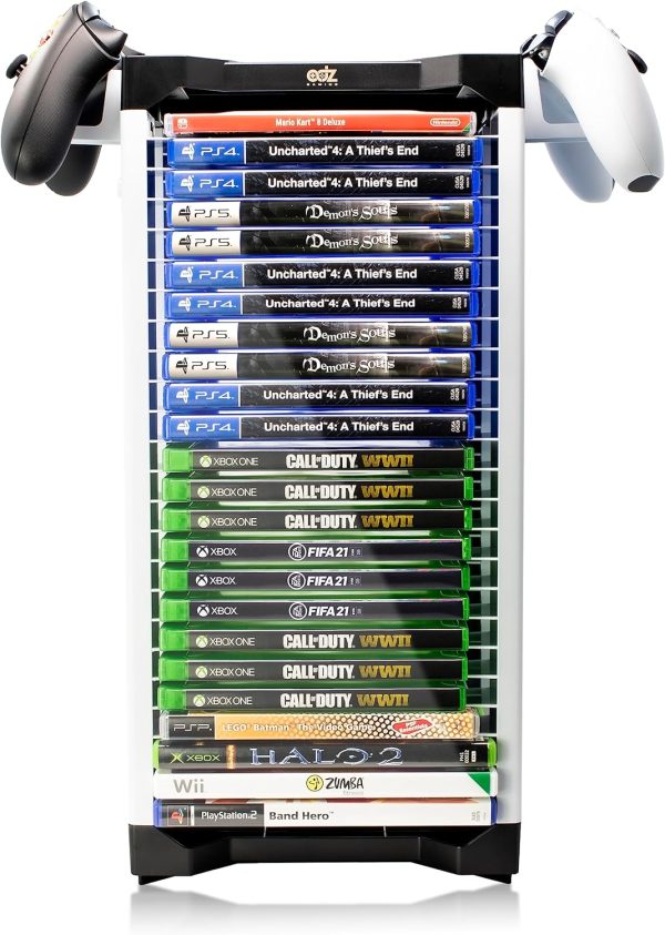 ADZ Universal Game Holder – 23 Game Storage Tower Rack for PS2 PS3 PS4 PS5 PSP Xbox 360 Xbox One Series X Wii Switch Games DVD and Blu-Ray Disks. Includes 2 Controller Mounts - Image 2