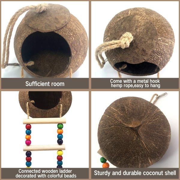 Hanging Coconut Bird House with Ladder,Natural Coconut Fiber Shell Bird Nest for Parrot Parakeet Lovebird Finch Canary,Coconut Hide Bird Swing Toys for Hamster,Bird Cage Accessories,Pet Bird Supplies - Image 2