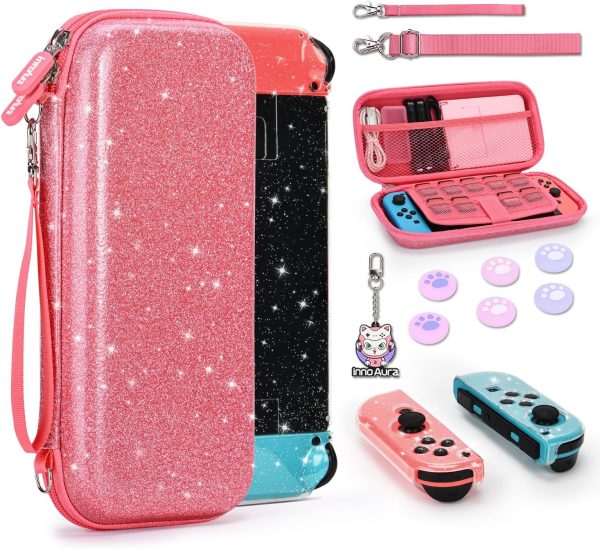 innoAura Switch Case for NS Switch, 17 in 1 Switch Accessories Bundles with Switch Carrying Case, Switch Protective Case, Switch Game Case, Switch Screen Protector, Switch Thumb Caps (Sequins Pink)