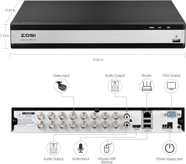 ZOSI H.265+ 1080P FHD 16 Channel DVR for Home Security Camera System with AI Human Vehicle Detection, Hybrid 4-in-1(Analog/AHD/TVI/CVI) Surveillance CCTV DVR Recorder, Remote Access, Email Alarm - Image 2