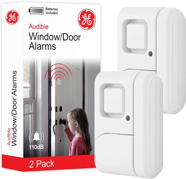 GE Personal Security Window and Door Alarm, 2 Pack, DIY Protection, Burglar Alert, Wireless Chime/Alarm, Easy Installation, Home Security, Ideal for Home, Garage, Apartment and More, White, 45115