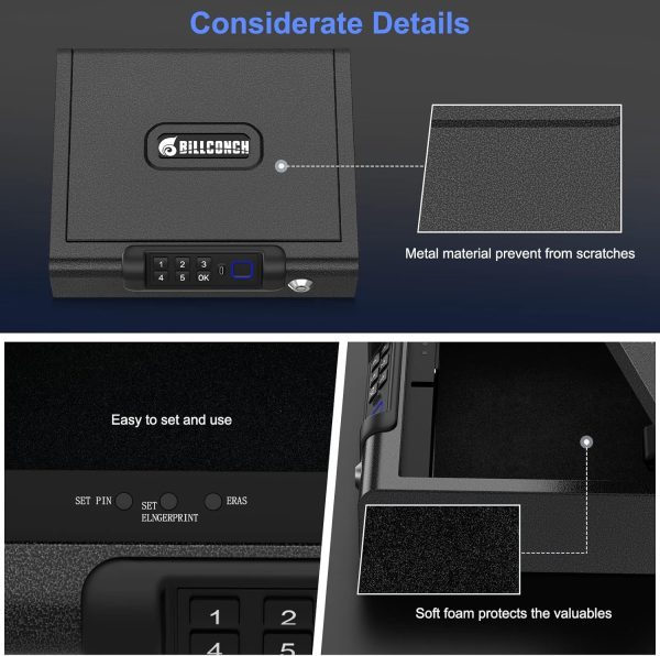 Gun Safe,Biometric Gun Safe for Pistols 3-Ways unlock Safe Fingerprint Digital PIN Key Unlock with Voice, Gun lock box for Cloakroom living room Bedroom Nightstand and Car BILLCONCH - Image 4