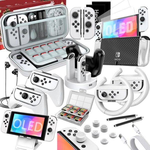 HSTOP Switch OLED Accessories Bundle 27 in 1 for Nintendo Switch OLED, Upgraded 2024 OLED Accessories Kit with OLED Protective Case, Carrying Case, OLED Screen Protector & More, White