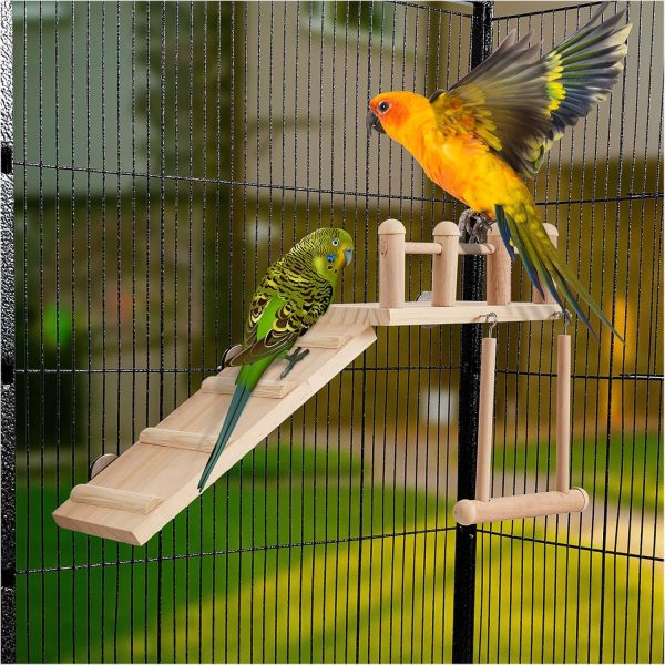 Bird Perches Platform Swing with Climbing Ladder, Parakeet Cage Accessories Wooden Playing Gyms Exercise Sturdy for Small Birds - Image 3