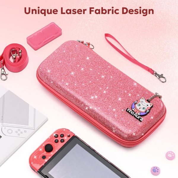 innoAura Switch Case for NS Switch, 17 in 1 Switch Accessories Bundles with Switch Carrying Case, Switch Protective Case, Switch Game Case, Switch Screen Protector, Switch Thumb Caps (Sequins Pink) - Image 4