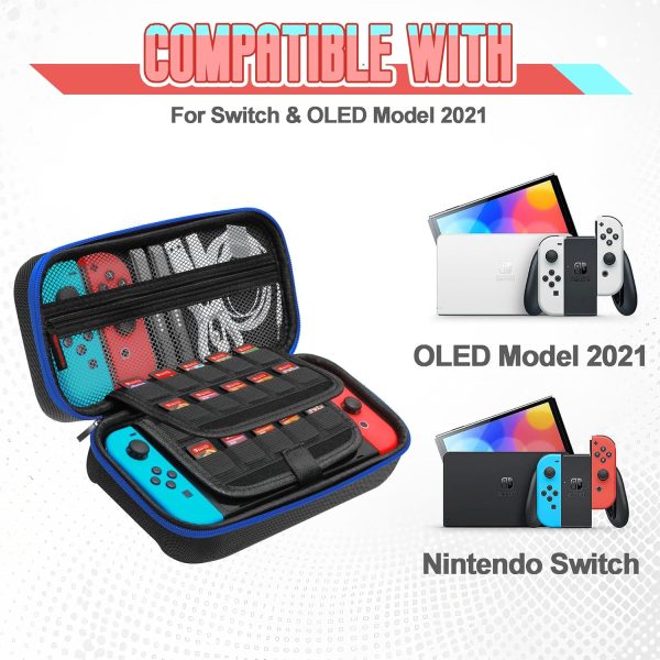 Carry Case Compatible with Nintendo Switch Switch OLED Console Protective Portable Travel Carrying Case Pouch with Pockets 20 Game Cartridges for Console and Accessories (Black/Blue) - Image 3