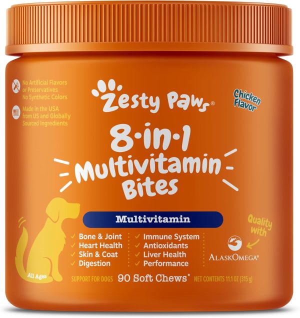 Zesty Paws Multivitamin Treats for Dogs - Glucosamine Chondroitin for Joint Support + Digestive Enzymes & Probiotics - Grain Free Dog Vitamin for Skin & Coat + Immune Health - Chicken Flavor - 90ct