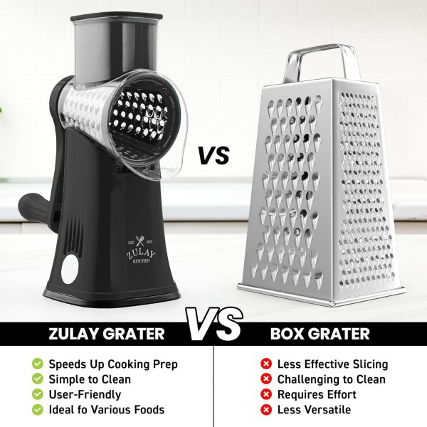 Zulay Rotary Cheese Grater 5 Blade Cheese Shredder - Manual Hand Crank Cheese Grater With Reinforced Suction & 5 Interchangeable Drums - Easy to Use, Vegetable Chopper Round Mandoline Slicer - Black - Image 2