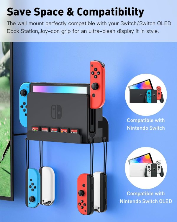 Wall Mount for Nintendo Switch and Switch OLED, Metal Wall Mount Kit Shelf Accessories with 5 Game Card Holders and 4 Joy Con Hanger, Safely Store Switch Console Near or Behind TV, Black - Image 2