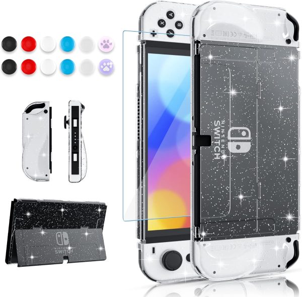 Improved - FANPL Sparkle Case Set for Nintendo Switch OLED 2021, Hard PC Cover for Switch OLED Console and Soft TPU Joy Con Grip Case, Accessories with Screen Protector, 12 Thumb Grip Caps (Glitter)