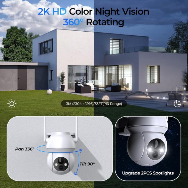 Solar Security Cameras Wireless Outdoor, WiFi Camera Outdoor 2K 360° View Battery Powered, Cameras for Home Security with Spotlight Color Night Vision Motion Sensor 2-Way Talk, White, 2 Pack - Image 3