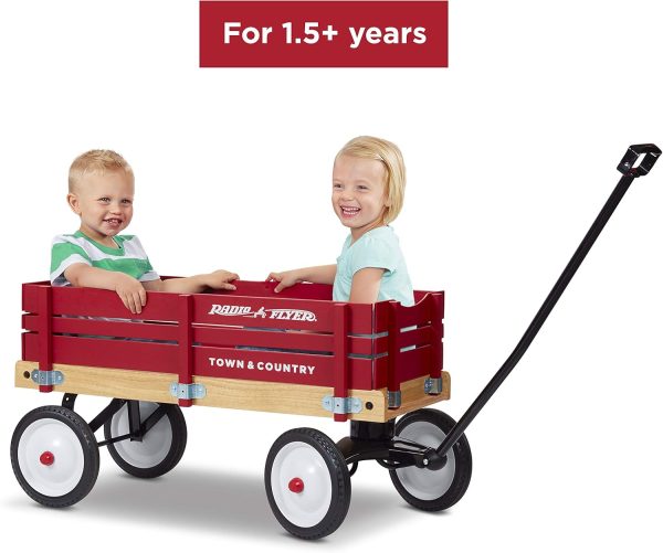 Radio Flyer Town and Country Wooden Wagon Kids Ride-On Outdoor Rolling Toy with Removable Side Panels and Foldable Long Handle, Red - Image 3