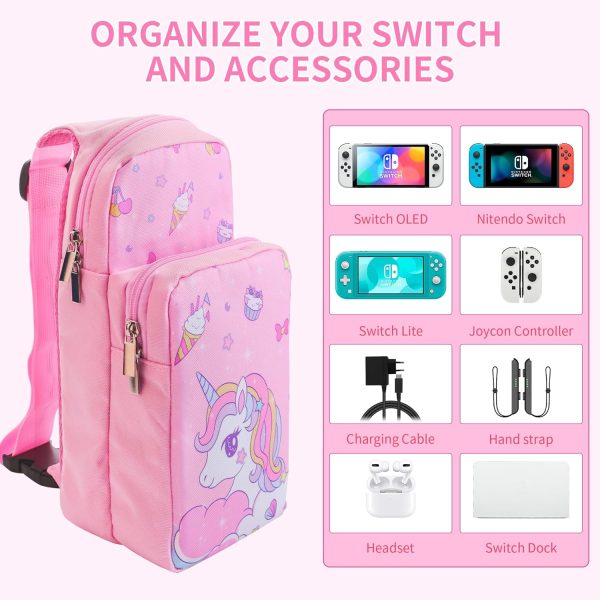 HYPERCASE Travel Bag for Nintendo Switch/OLED/Lite, Pink Shoulder Storage Bag for Unicorn, Portable Carrying Backpack for Games Accessories Console & Dock Charger, Bundle with 2 Cute Thumb Grip Caps - Image 5