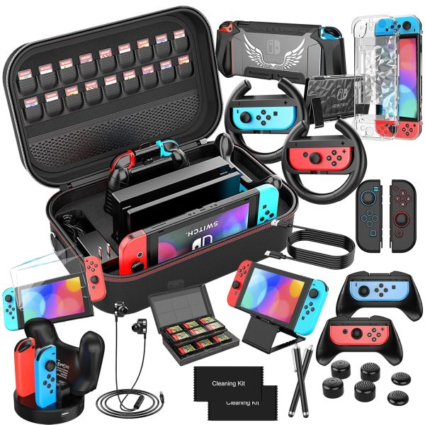 Switch Accessories Bundle 28 in 1 for Nintendo Switch, HEYSTOP Switch Christmas Gift Kit with Large Carrying Case, Dockable Protective Case, Screen Protector, Game Cards Case, Joycon Grip Cover