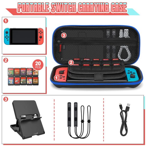 Carry Case Compatible with Nintendo Switch Switch OLED Console Protective Portable Travel Carrying Case Pouch with Pockets 20 Game Cartridges for Console and Accessories (Black/Blue) - Image 6