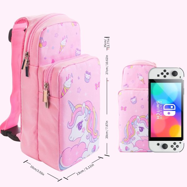 HYPERCASE Travel Bag for Nintendo Switch/OLED/Lite, Pink Shoulder Storage Bag for Unicorn, Portable Carrying Backpack for Games Accessories Console & Dock Charger, Bundle with 2 Cute Thumb Grip Caps - Image 9