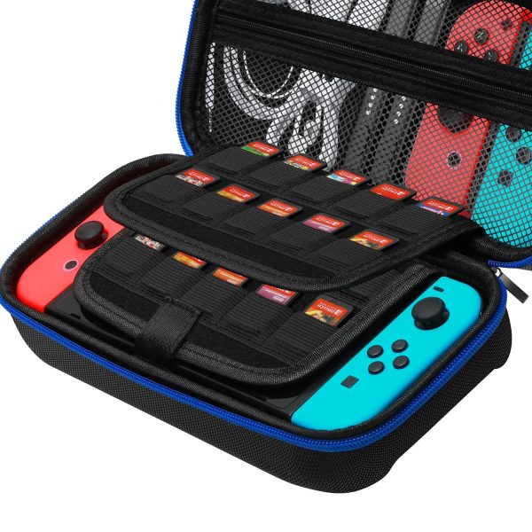 Carry Case Compatible with Nintendo Switch Switch OLED Console Protective Portable Travel Carrying Case Pouch with Pockets 20 Game Cartridges for Console and Accessories (Black/Blue) - Image 4