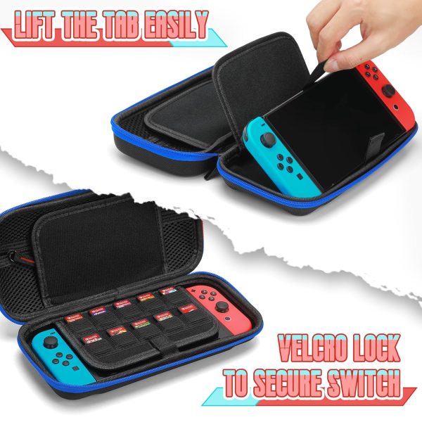 Carry Case Compatible with Nintendo Switch Switch OLED Console Protective Portable Travel Carrying Case Pouch with Pockets 20 Game Cartridges for Console and Accessories (Black/Blue) - Image 2