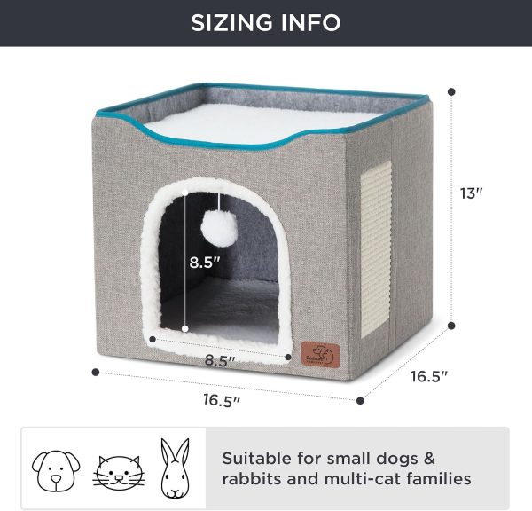 Bedsure Cat Beds for Indoor Cats - Large Cat Cave for Pet Cat House with Fluffy Ball Hanging and Scratch Pad, Foldable Cat Hideaway,16.5x16.5x13 inches, Grey - Image 6