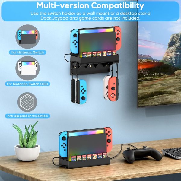 RGB Switch Wall Mount Kit for Nintendo Switch and OLED, Switch Dock Console Holder Stand, Switch Accessories with 7 Light Modes, 7 Card Slots, 4 Joypad Hangers, 2 USB Ports, Behind TV, Graphite Black - Image 2