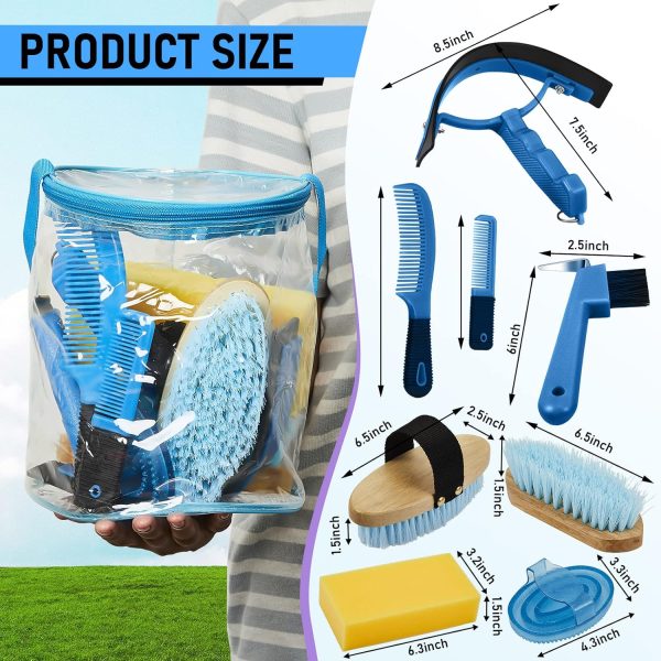 9 Pieces Horse Grooming Kit Tack Room Supplies Set with Organizer Tote Bag, Oval Massage Curry, Hard and Soft Brush, Hoof Pick, Sweat Scraper, Bathing Sponge, Combs for Horse Riders Beginners (Blue) - Image 2