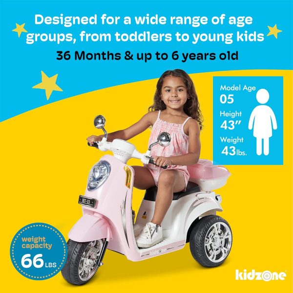 Kidzone Ride On Motorcycle Toy 3-Wheel Battery Powered Motorbike for Kids with Music, Headlight, Horn, Storage Trunk, Key Switch for Boys & Girls - Light Pink - Image 5