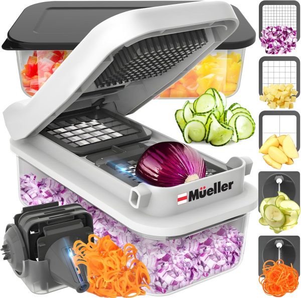 Mueller Pro-Series V Blade Vegetable Chopper, Onion Chopper, Egg Slicer, Spiralizer, Dicer, Food Chopper Veggie Fruit Cutter, French Fry Cutter, Kitchen Gadgets 2024 w Food Container White Sand/Grey - Image 9