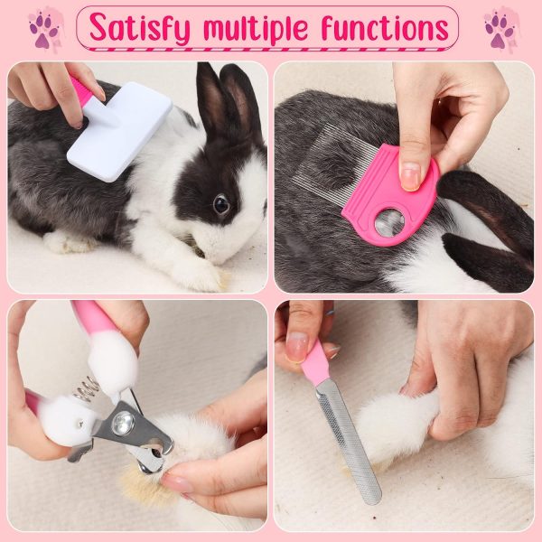 VCZONE Pink Small Animal Grooming Kit with Nail Clipper, Flea Comb, Shampoo Brush, Slicker Brush, Massage Glove for Rabbits - Image 3