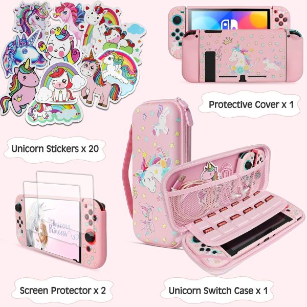 Pink Unicorn Carrying Case Compatible with Nintendo Switch (Not OLED or Lite) with Dockable Protective Grip Case +Screen Protector +Unicorn Stickers, Hard Storage Case Accessories Kit Bundle for Girls - Image 4