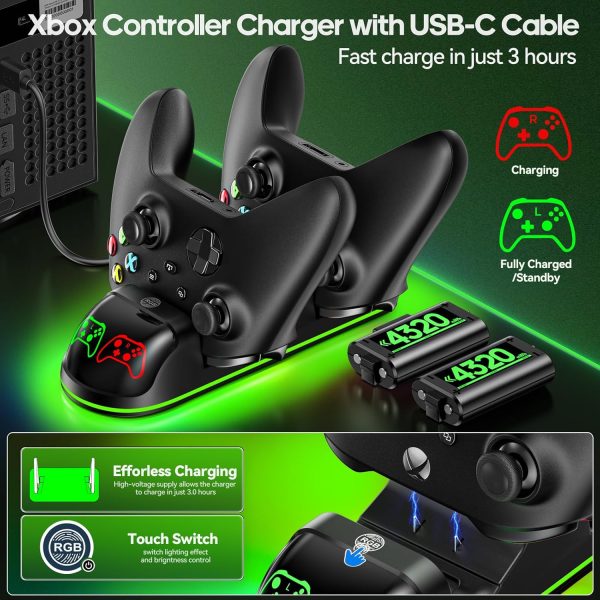 OIVO XSX Controller Charger Station with 2 Packs 4320mWh Rechargeable Battery for Xbox Series X/S/One/Elite/Core Controller, Charging Dock with 4 Packs Covers (1800mAh) - Image 3