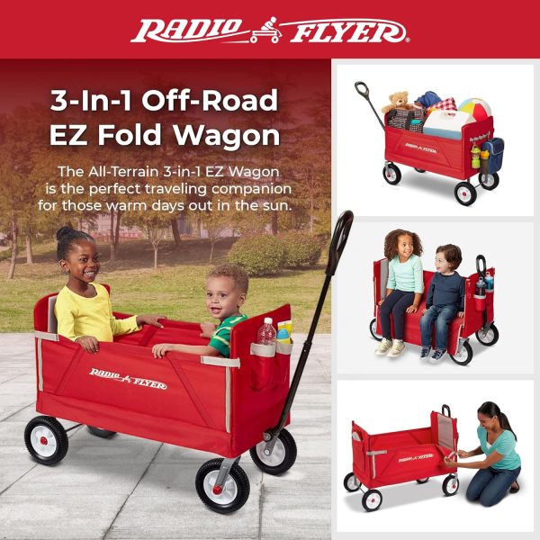 Radio Flyer All Terrain 3 in 1 Wagon for Kids and Cargo with 1 Hand Flat Fold, High Seat Backs, and Off Road Real Rubber Tires, Red - Image 2