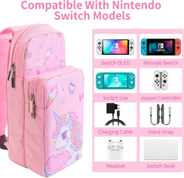 HYPERCASE Travel Bag for Nintendo Switch/OLED/Lite, Pink Shoulder Storage Bag for Unicorn, Portable Carrying Backpack for Games Accessories Console & Dock Charger, Bundle with 2 Cute Thumb Grip Caps - Image 11