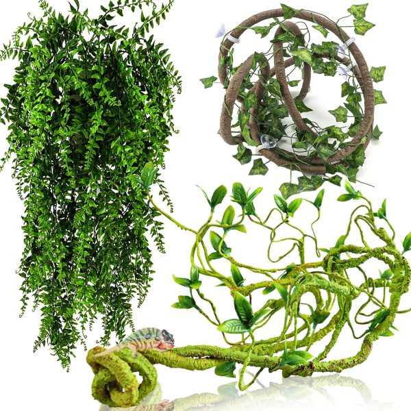 HERCOCCI Reptile Vines, Flexible Jungle Climbing Vines Terrarium Plastic Plants and Leaves Tank Accessories Decor for Gecko Snake Lizard Bearded Dragon Hermit Crab Frog