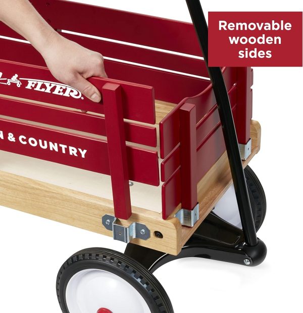 Radio Flyer Town and Country Wooden Wagon Kids Ride-On Outdoor Rolling Toy with Removable Side Panels and Foldable Long Handle, Red - Image 5