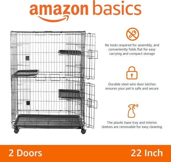 Amazon Basics Large 3-Tier Cat Durable,Pliable Cage Playpen Box Crate Kennel - 35.8"L x 22.4"W x 50.6"H, Black - Image 2